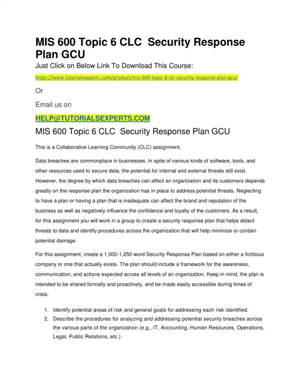 MIS 600 Topic 6 CLC Security Response Plan GCU