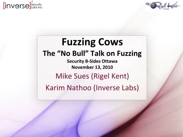 Fuzzing Cows The “No Bull” Talk on Fuzzing Security B-Sides Ottawa November 13, 2010