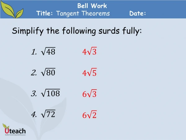 Bell Work Title: Tangent Theorems	 	Date: