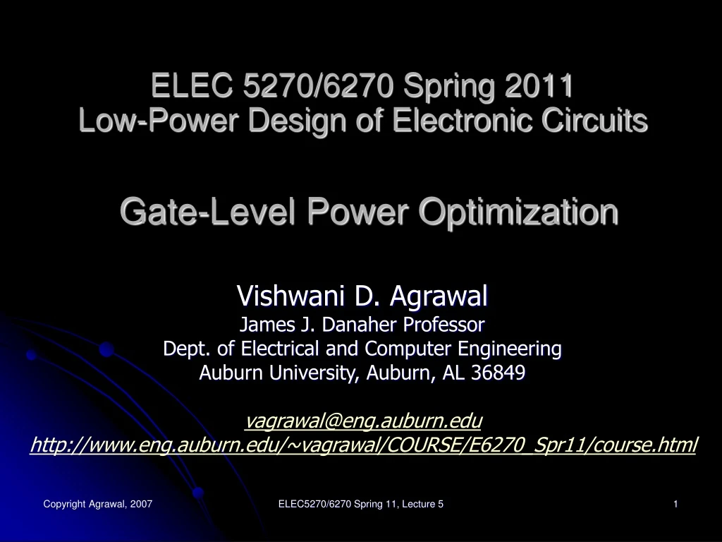 elec 5270 6270 spring 2011 low power design of electronic circuits gate level power optimization