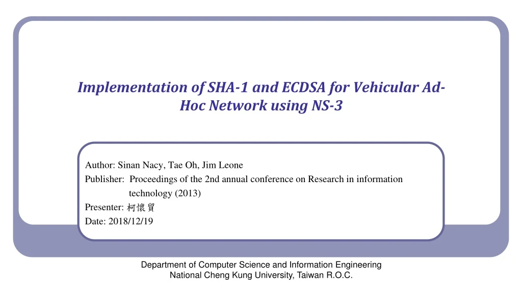 implementation of sha 1 and ecdsa for vehicular ad hoc network using ns 3