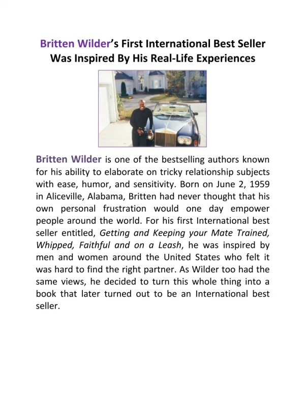 Britten Wilder’s First International Best Seller Was Inspired By His Real-Life Experiences