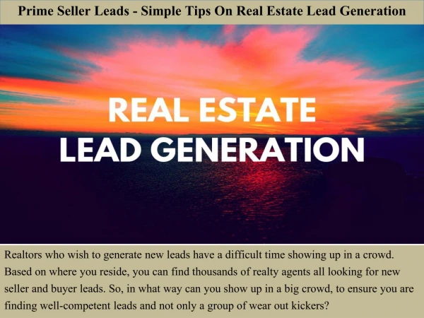 Prime Seller Leads - Simple Tips On Real Estate Lead Generation