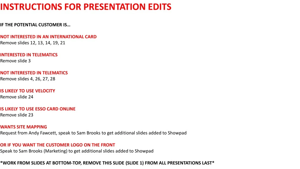 instructions for presentation edits