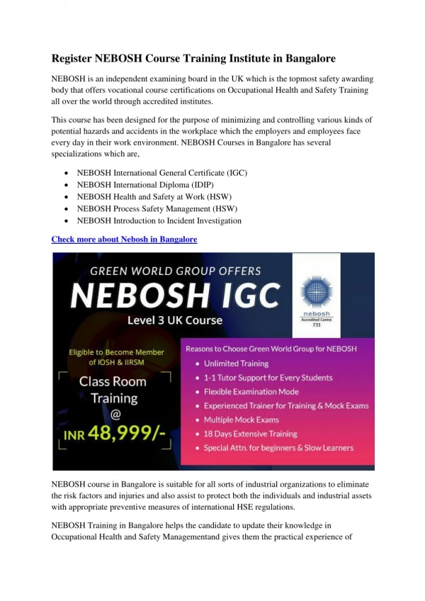 Register NEBOSH Course Training Institute in Bangalore