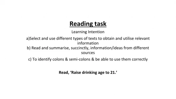 Reading task Learning Intention