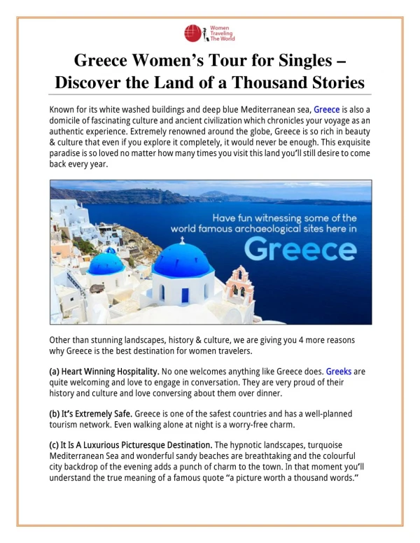 Greece Women’s Tour for Singles – Discover the Land of a Thousand Stories