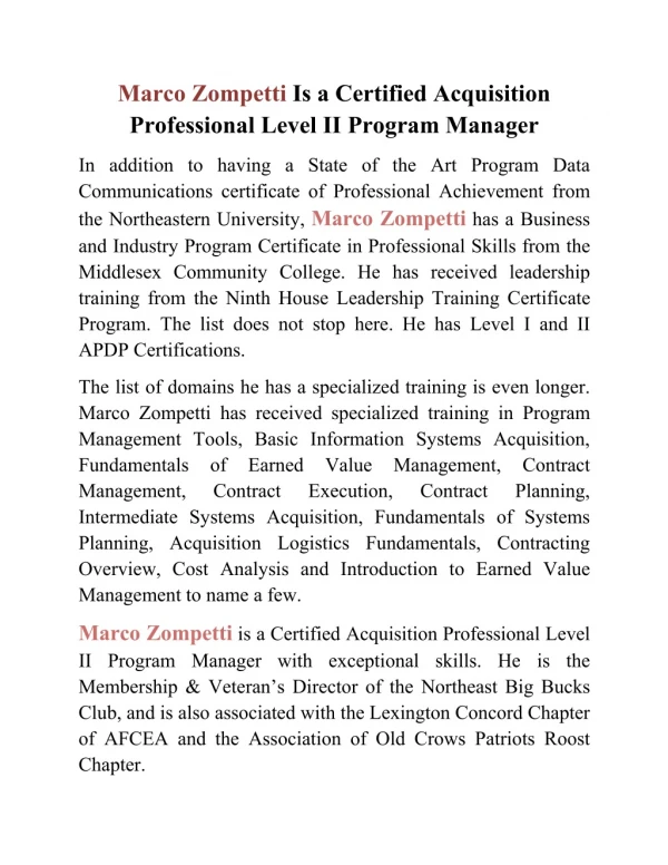 Marco Zompetti Is a Certified Acquisition Professional Level II Program Manager