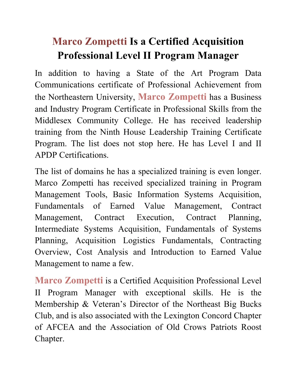 marco zompetti is a certified acquisition