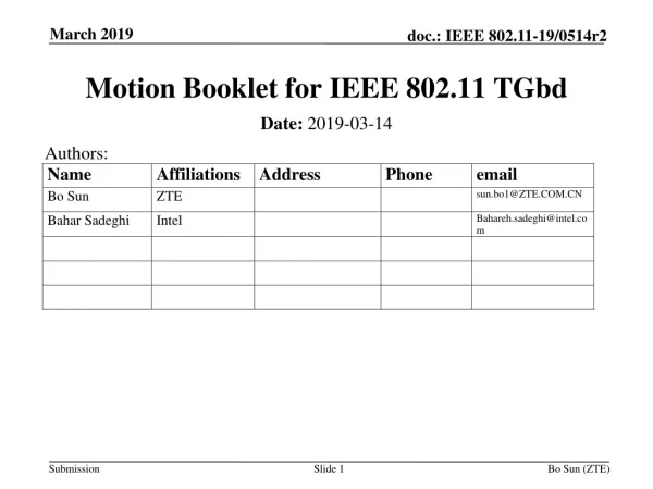 Motion Booklet for IEEE 802.11 TGbd