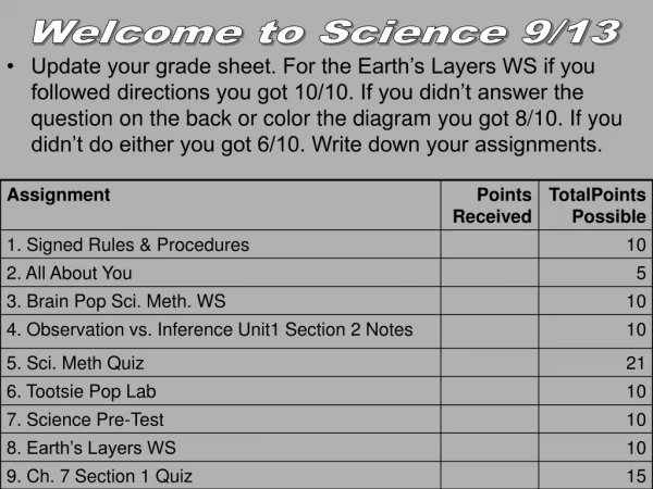 Welcome to Science 9/13