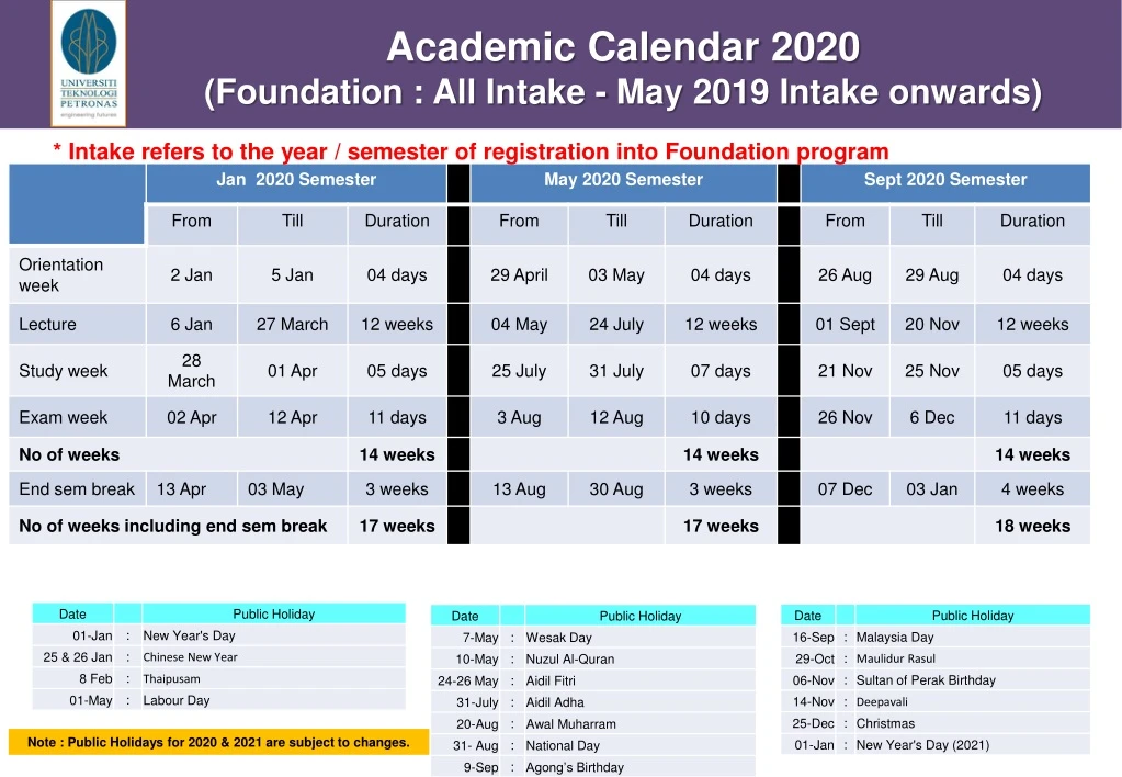 academic calendar 2020 foundation all intake