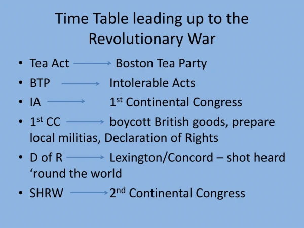 Time Table leading up to the Revolutionary War