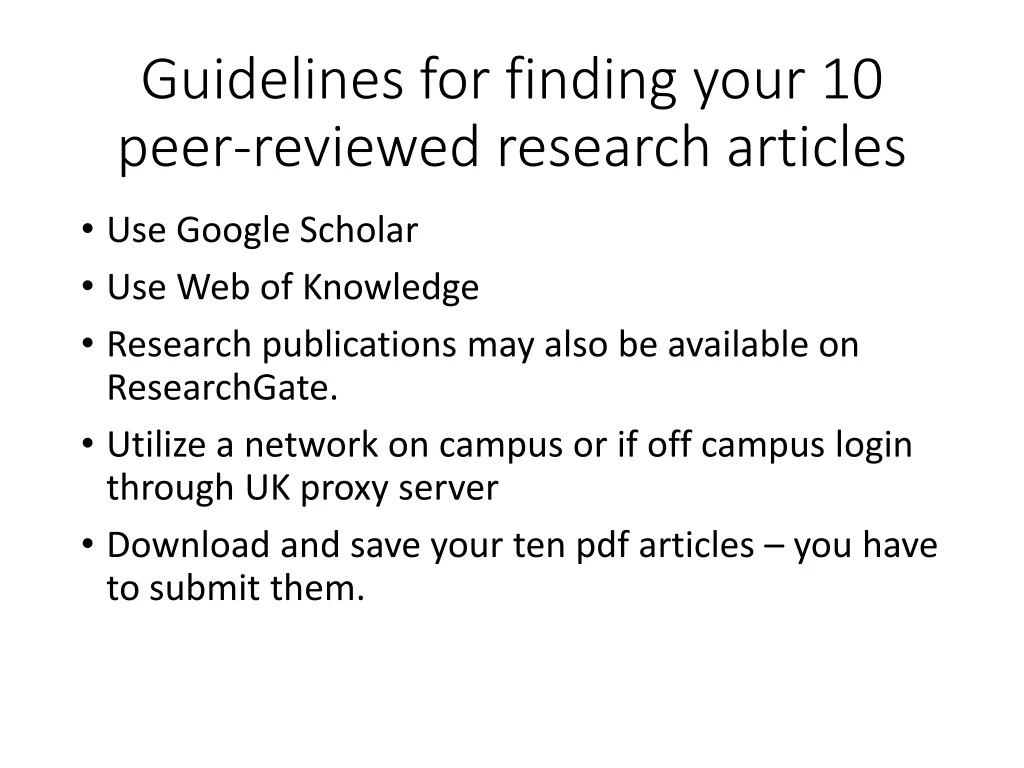 guidelines for finding your 10 peer reviewed research articles