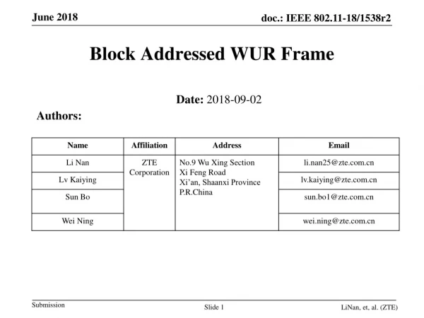 Block Addressed WUR Frame