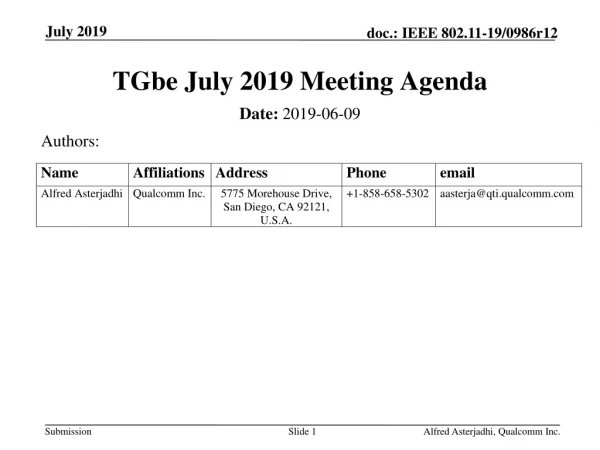 TGbe July 2019 Meeting Agenda