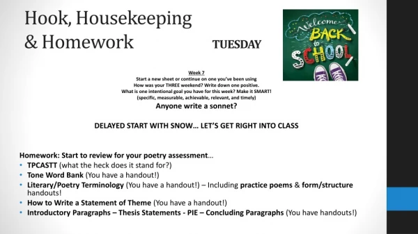 Hook, Housekeeping &amp; Homework			 TUESDAY