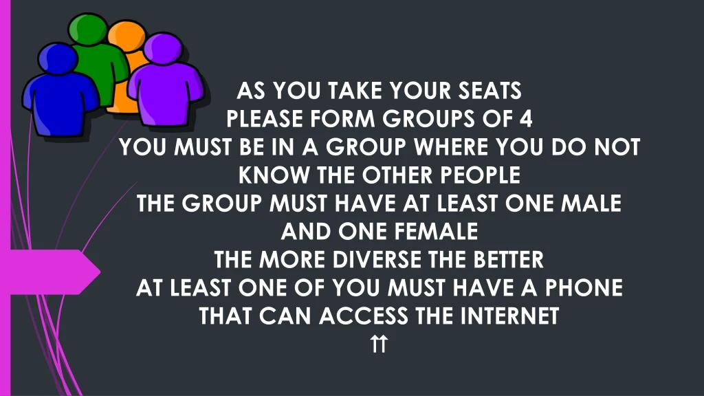 as you take your seats please form groups