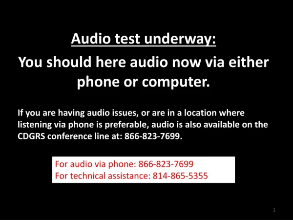 Audio test underway: You should here audio now via either phone or computer.