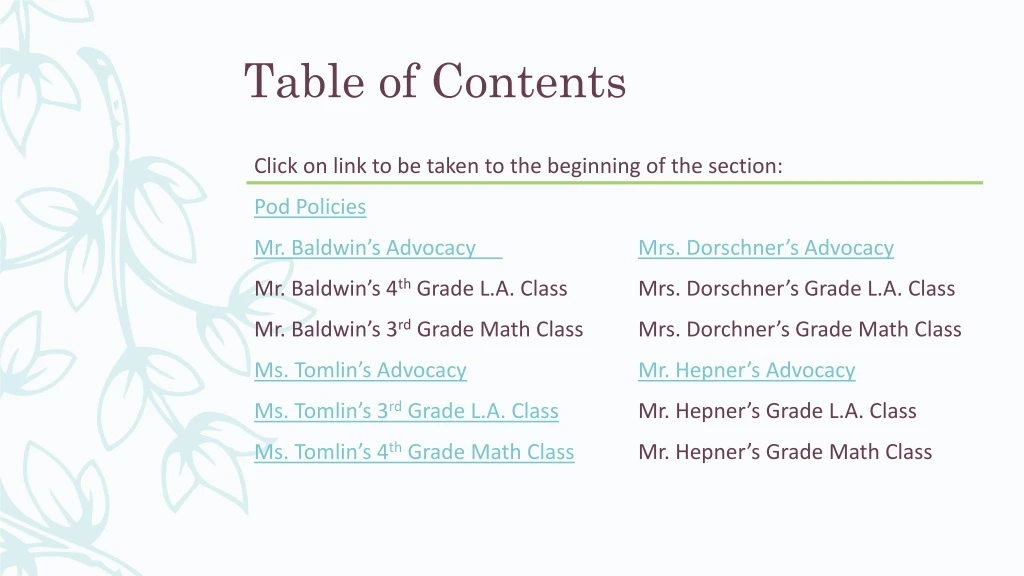 table of contents