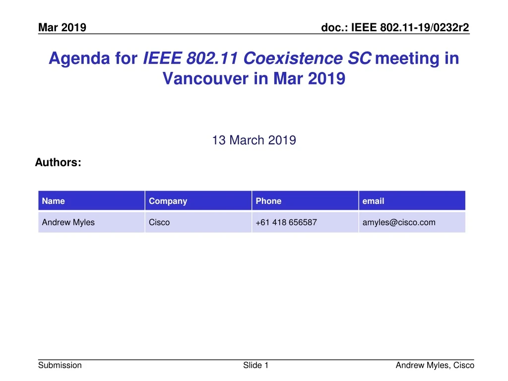 agenda for ieee 802 11 coexistence sc meeting in vancouver in mar 2019