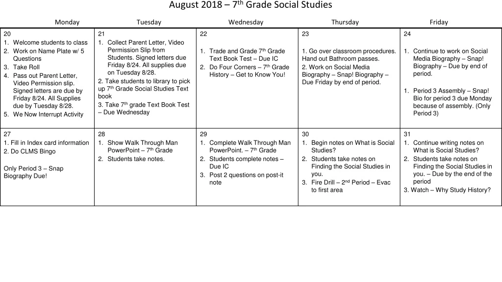 august 2018 7 th grade social studies monday tuesday wednesday thursday friday