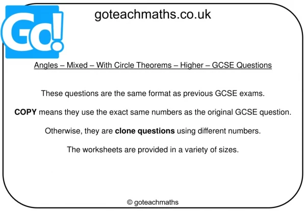 Angles – Mixed – With Circle Theorems – Higher – GCSE Questions