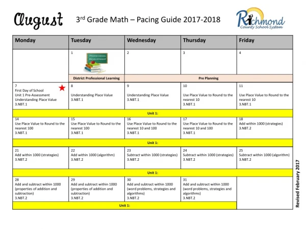 3 rd Grade Math – Pacing Guide 2017-2018