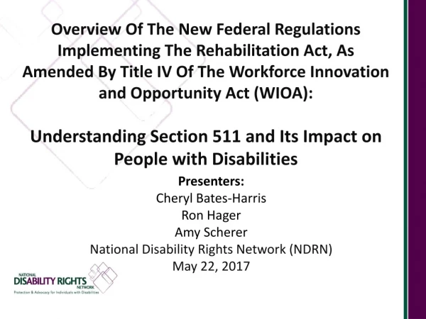 Presenters: Cheryl Bates-Harris Ron Hager Amy Scherer National Disability Rights Network (NDRN )