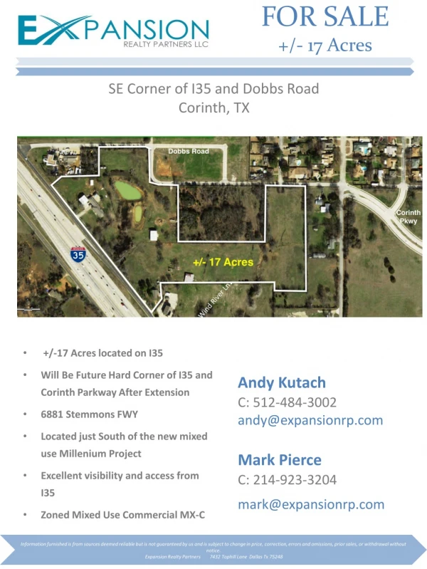 +/-17 Acres located on I35 Will Be Future Hard Corner of I35 and Corinth Parkway After Extension