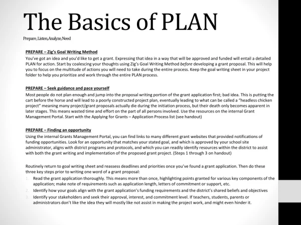 The Basics of PLAN Prepare , Listen, Analyze, Need