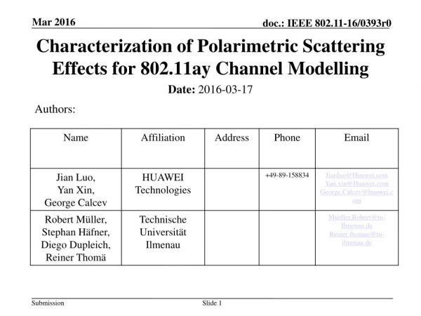 Characterization of P olarimetric S cattering Effects for 802.11ay Channel M odelling