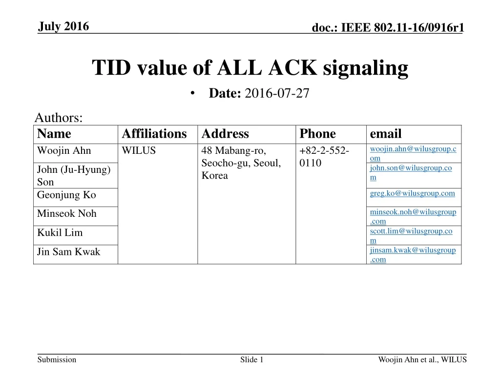 tid value of all ack signaling