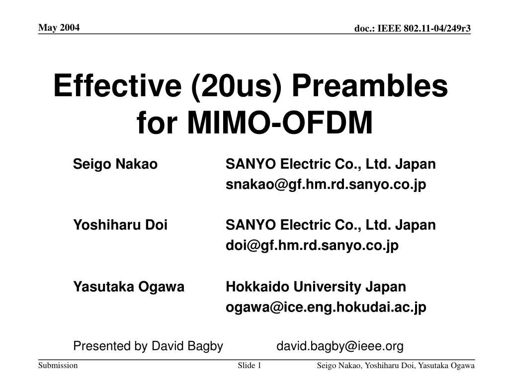effective 20us preambles for mimo ofdm