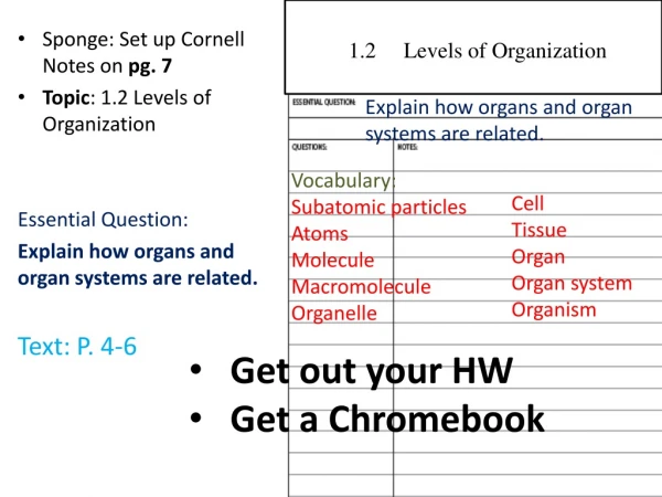 Sponge: Set up Cornell Notes on pg. 7 Topic : 1.2 Levels of Organization Essential Question: