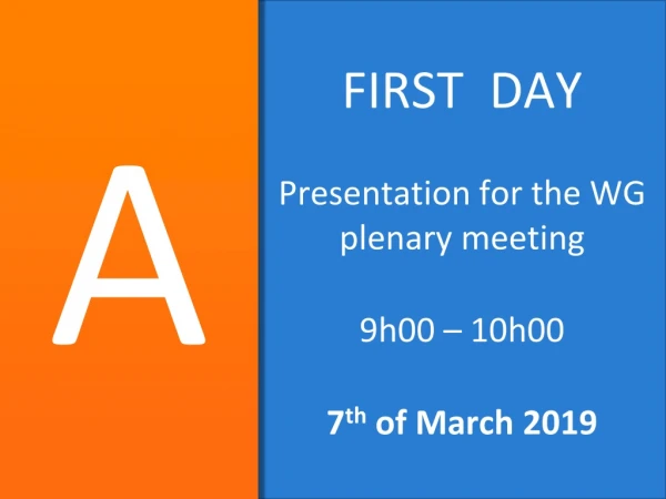 FIRST DAY Presentation for the WG plenary meeting 9h00 – 10h00 7 th of March 2019