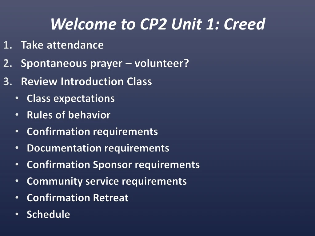 welcome to cp2 unit 1 creed