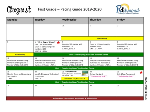 First Grade – Pacing Guide 2019-2020