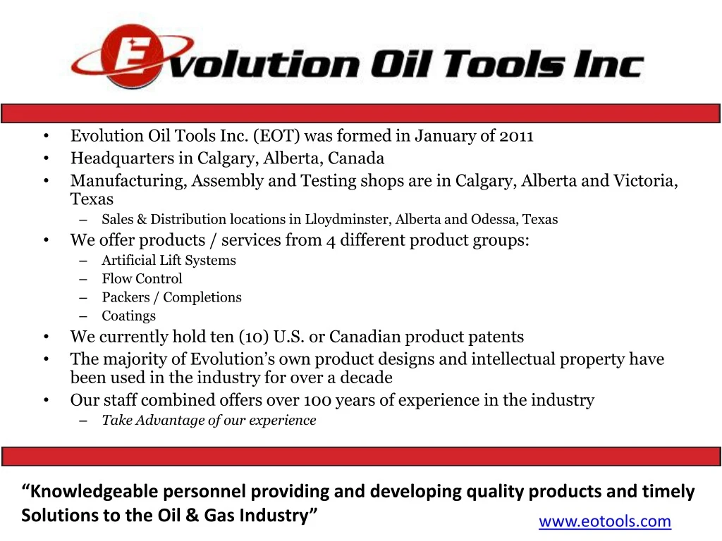 evolution oil tools inc eot was formed in january