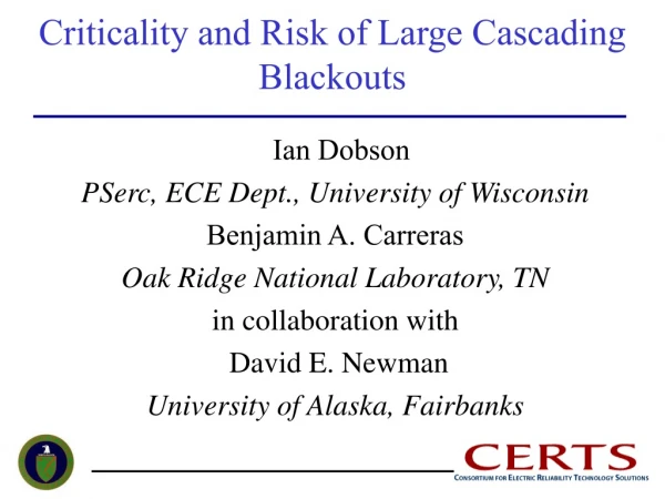 Criticality and Risk of Large Cascading Blackouts