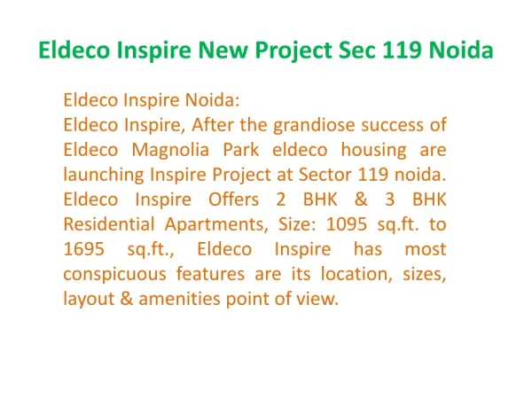 Eldeco new project Inspire 9899606065 Eldeco Inspire Noida