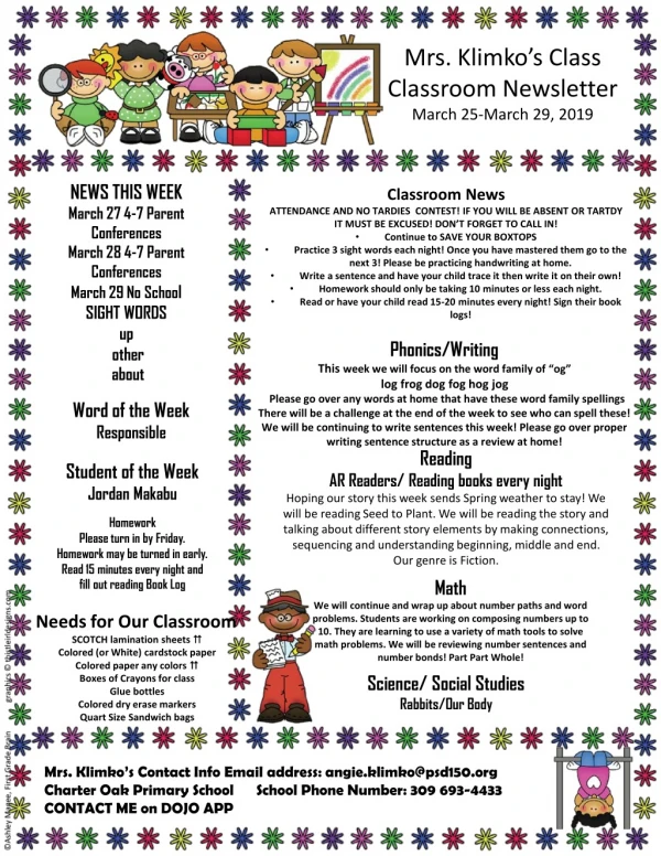 Mrs. Klimko’s Class Classroom Newsletter March 25-March 29, 2019