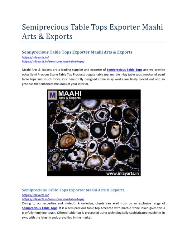 Semiprecious Table Tops Exporter Maahi Arts & Exports