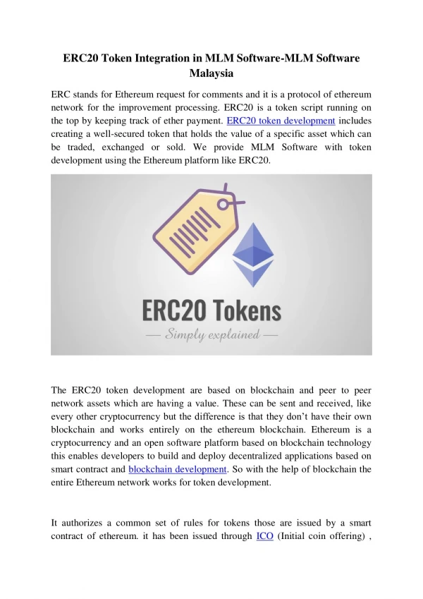 ERC20 Token Integration in MLM Software-MLM Software Malaysia