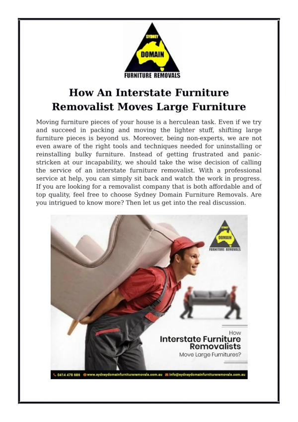 How An Interstate Furniture Removalist Moves Large Furniture