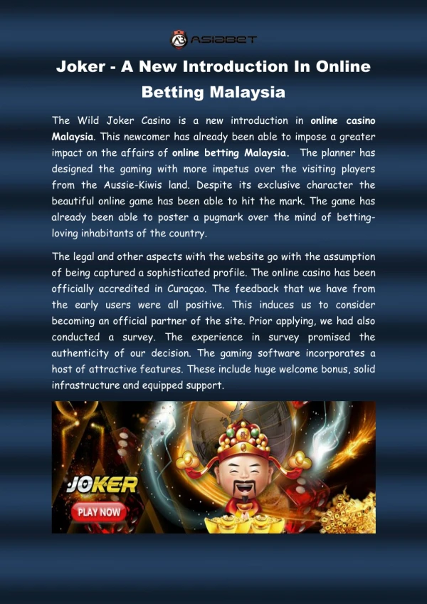 Joker a new introduction in online betting malaysia