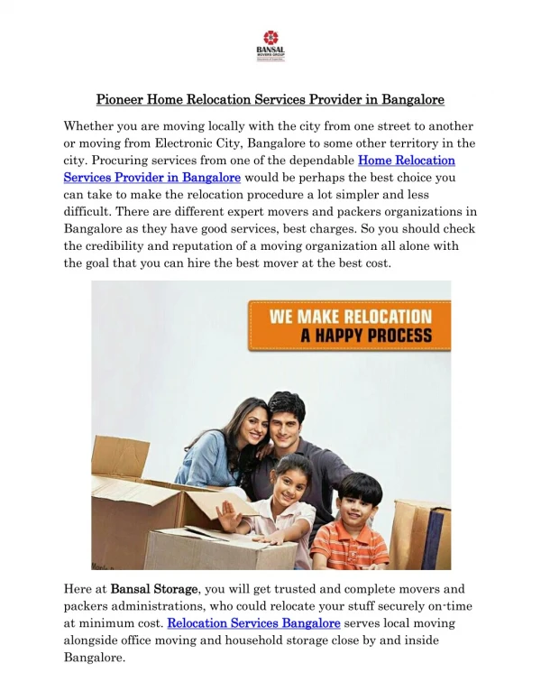 Pioneer Home Relocation Services Provider in Bangalore