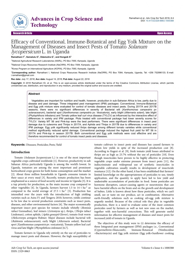 Efficacy of Conventional, Immune-Botanical and Egg Yolk Mixture on the Management of Diseases and Insect Pests of Tomato