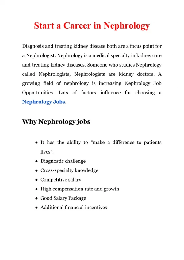 Start the Career in Nephrology | Physician Nephrology Jobs | Nephrologist Needs
