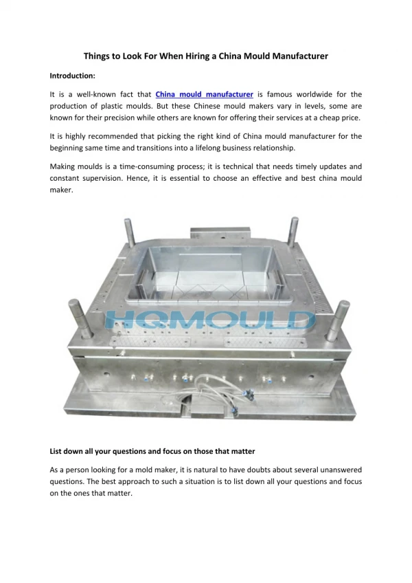Things to Look For When Hiring a China Mould Manufacturer
